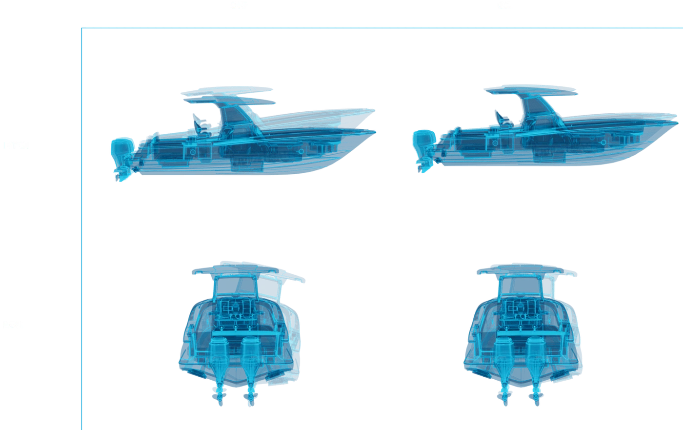 The same boat with the system off and on: pitch shown in profile and roll shown from astern, steadier in both with the system running.